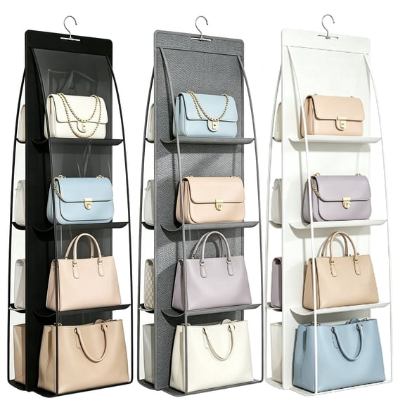 3 Pack Double‑Sided Hanging Purse Closet Organizer, 8 Pockets Each, 3‑Color Handbag Storage Holder for Wardrobe