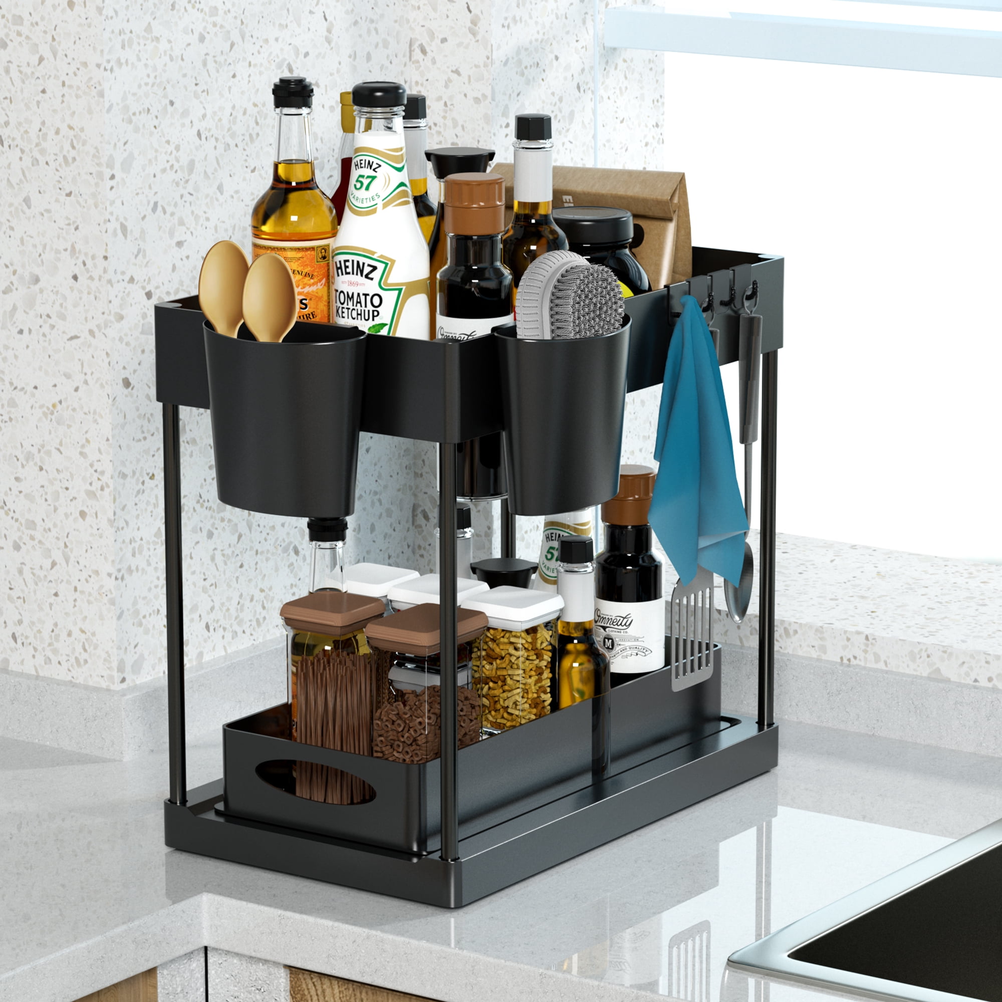 Under Sink Organizer, 2 Tier Sliding Cabinet Basket Organizer Drawer with 4 Hooks, 2 Hanging Cups, Basket Hollow Design, Multi-Purpose for Bathroom Kitchen Under Bathroom Sink Organizer - Black