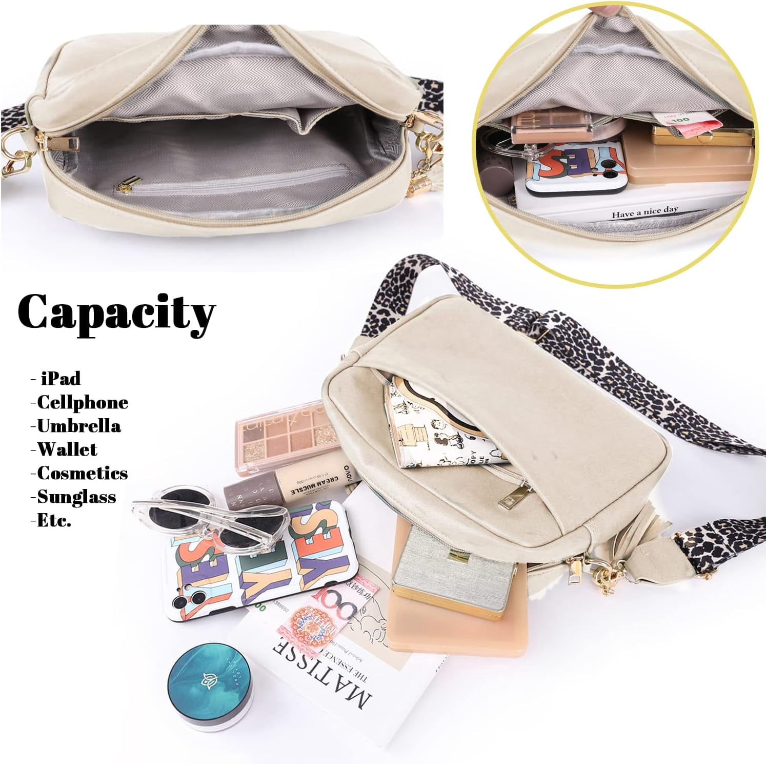 Crossbody Bag for Women Vegan Leather Shoulder Purse with Leopard Adjustable Strap Midsize Zipped Handbag