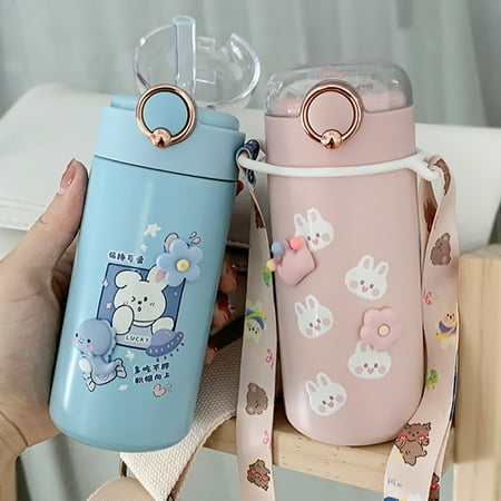 

Hesroicy 350ml/480ml Water Bottle Food Grade Pressing Type Lid Adorable Lovely Portable Gift Stainless Steel Heat Preservation Straw Drinking Cup for Schoolgirl