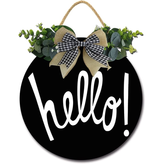Eveokoki 12" Hello Wreath Hanging Welcome Sign Front Door Signs Wooden Farmhouse Rustic Decor with Vivid Greenery Home Decor for Front Door Fall Winter Housewarming Gifts