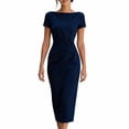 thumbnail image 2 of ClodeEU Women's Boat Neck Short Sleeve Side Ruched Waist Midi Bodycon Pencil Dress,Elegant Office Wedding Guest Sheath Dress Blue,Women's Plus M, 2 of 7