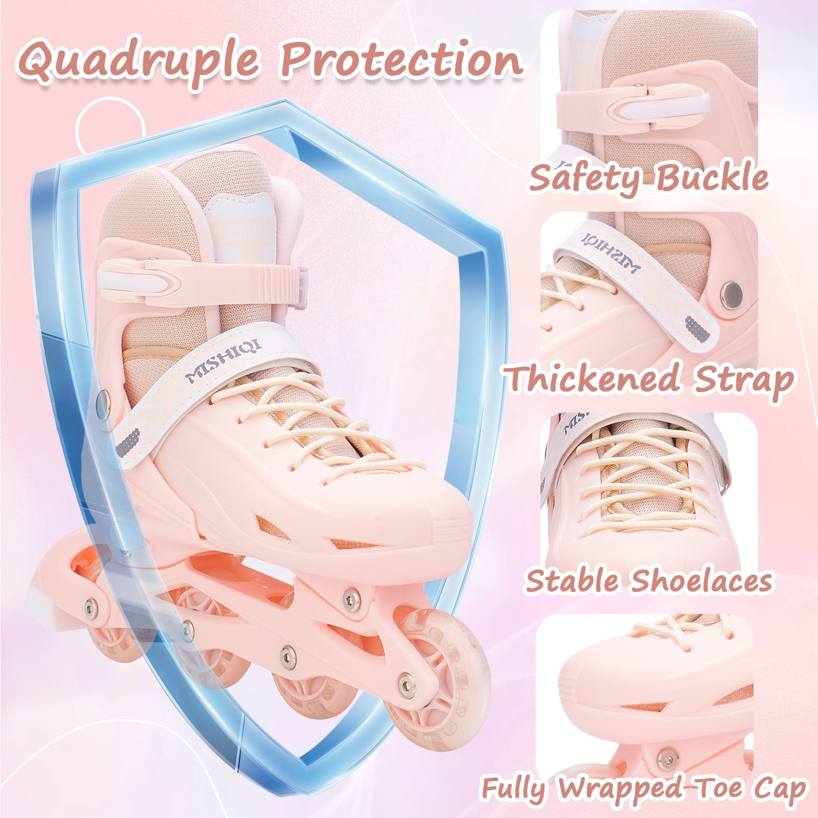 YYW Kids Inline Skates with Light Up Wheels,4-Size Adjustable Roller Skates for Girls(Pink,M)