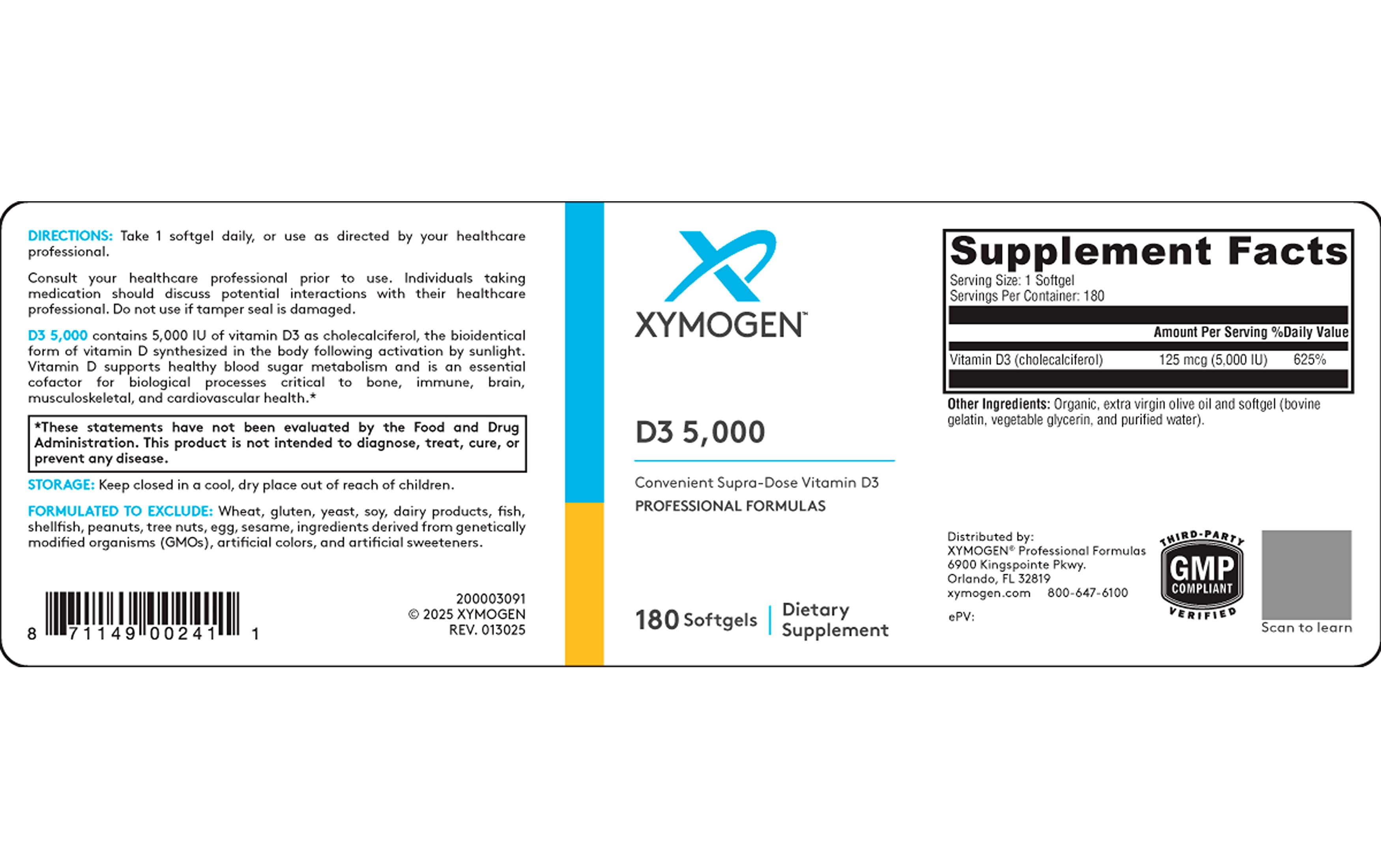 XYMOGEN D3 5000 - Bioavailable Vitamin D3 5000 IU (125 mcg) - High Strength Vitamin D Supplement for Immune Bone & Heart Health Support - 180 Softgels