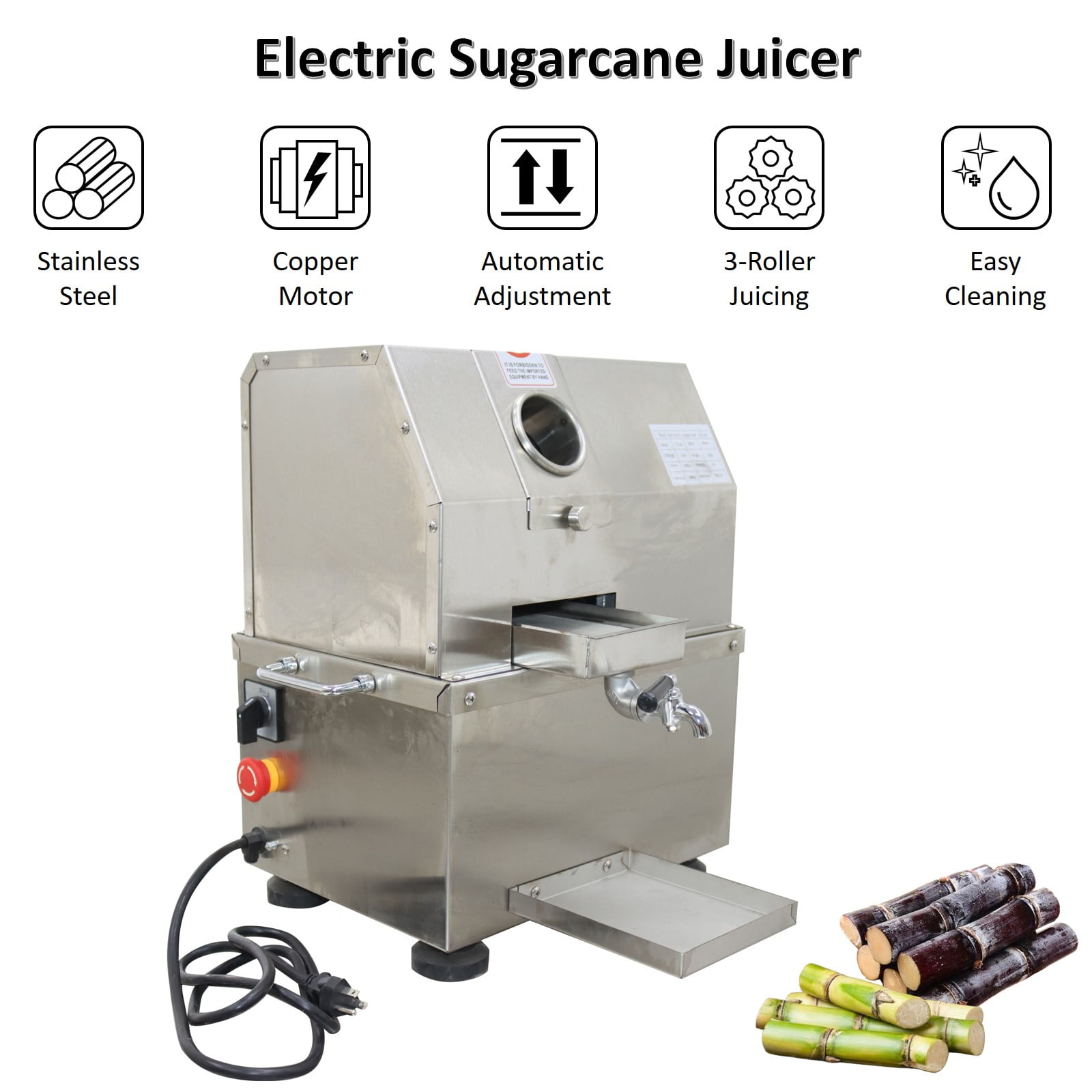 Electric Desktop 3-Roller Sugarcane Juicer High Juice Extraction Rate Stainless Steel Sugar Cane Juicer