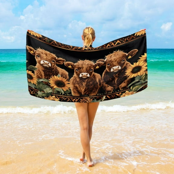 Ryvnso Highland Cow Sunflower Beach Towel Quick Dry Swimming Yoga Beach Towels Large Sand Free Microfiber Towel 31"W x 71"L