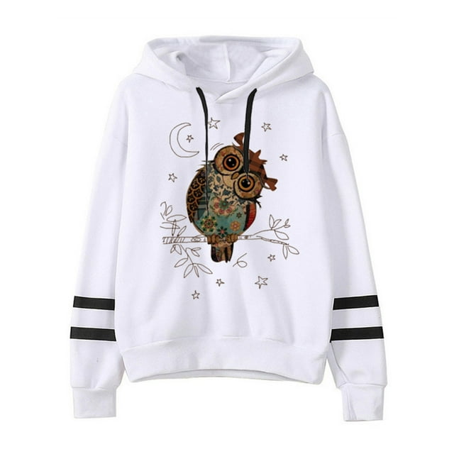 Fashnice Chandails en Molleton à Capuche pour Femmes Manches Longues Chandails à Capuchon Imprimé Hibou Chandail Chaud Automne Chandail à Capuchon Chandail en Molleton Blanc G