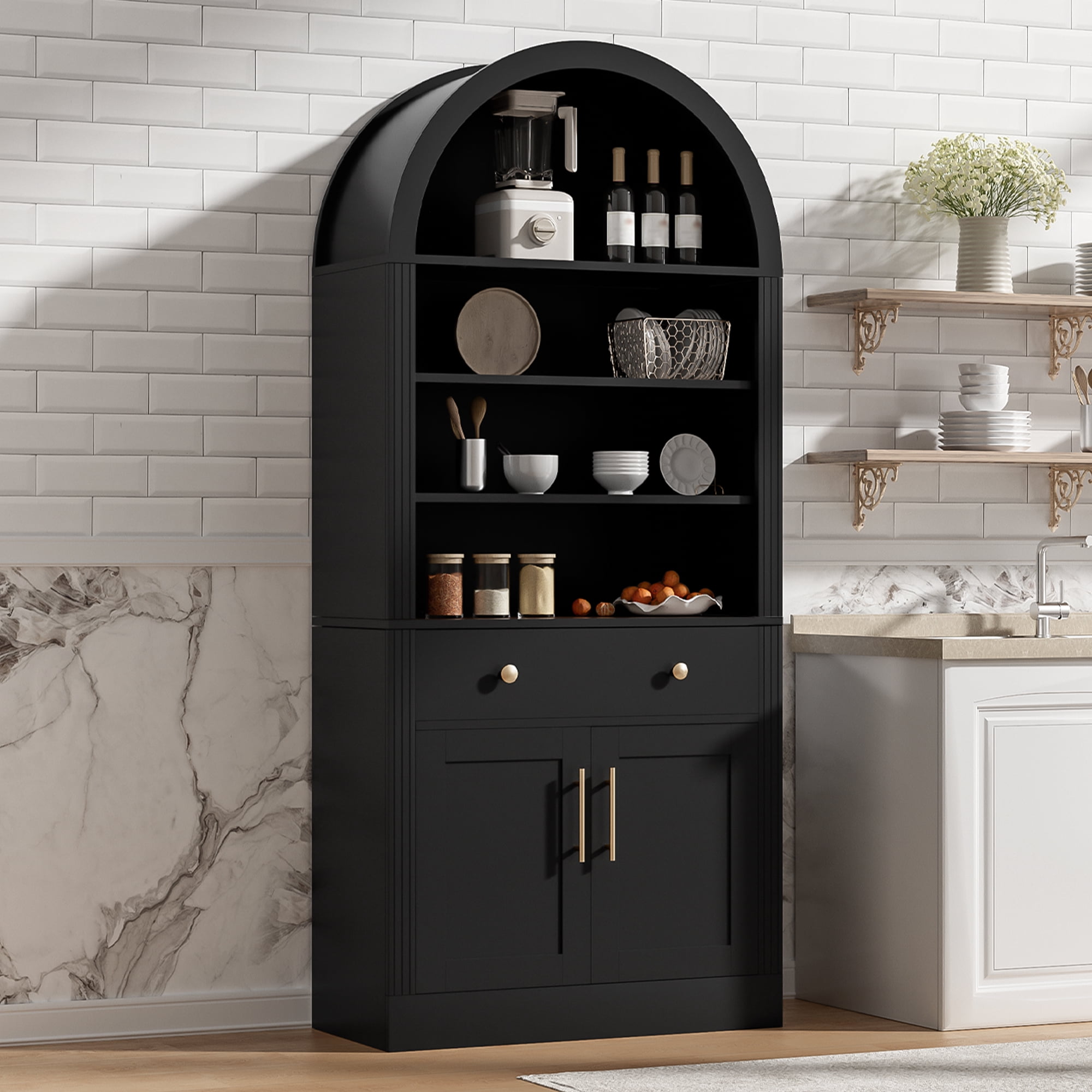 Arched Bookshelf with Storage Cabinet,Tall Display Bookcase with Drawer Doors and Adjustable Shelves,Freestanding Kitchen Pantry Cabinet for Living Room,Home Office,Bathroom,Black