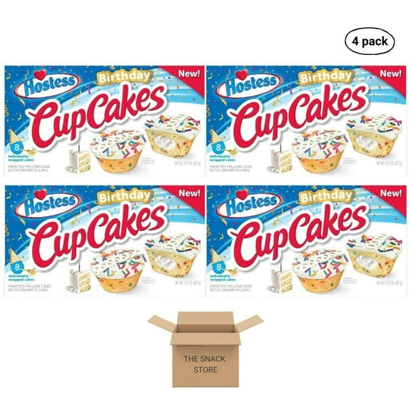 The Snack Store Bundle Hostess Birthday Cupcakes, 13.1 oz, 4 Boxes of 8 Count, 32 Total Cupcakes!