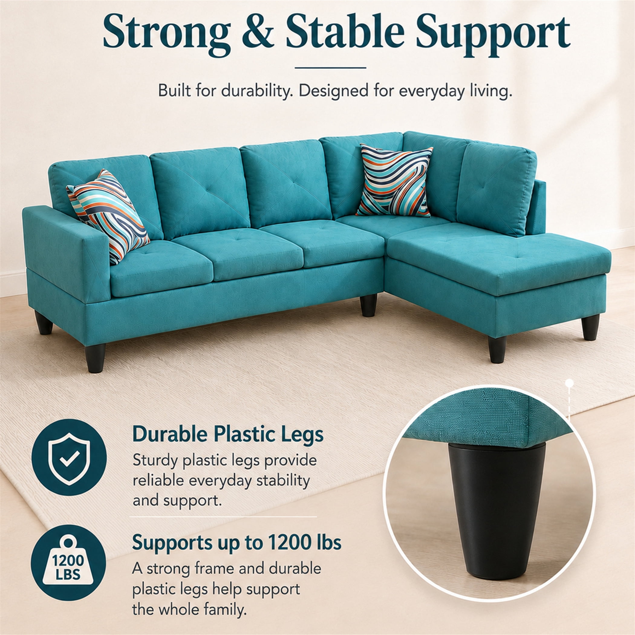 Aukfa 97" Classic Sectional Sofa 4 Seat L shape Couch for Living Room, 2Pillows, Oversized Right Chaise, Linen, Aqua Blue