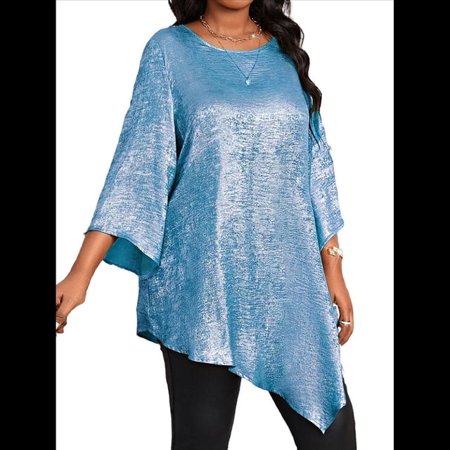 Blusa Holgada con Cuello Redondo y Mangas de Puntos, Dobladillo Irregular, Talla Grande 2025 para Mujer Azul XXXL
