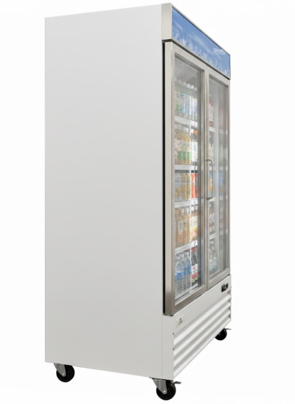 Commercial Reach in Refrigerator, 53" x 33" x 84", 45 Cubic Ft, 2 Glass Door, White Stainless Steel exterior, NSF Certified