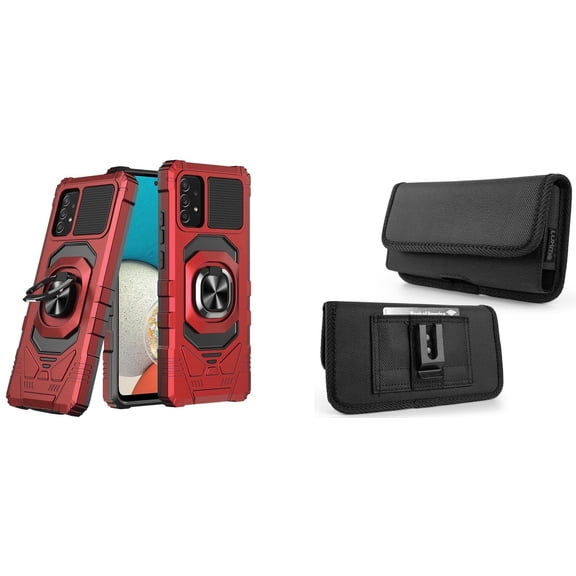 Case with Belt Holster Bundle for Samsung Galaxy A53 5G: Heavy Duty Shield Cover (Red) and Rugged Denim Nylon Phone Pouch (Grey)