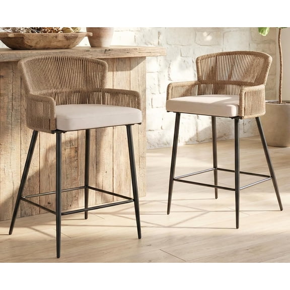 Farmhouse Woven Bar Stools Set of 2, 26 Inch Linen Upholstered Rattan Barstools with Curved Backs, Modern Cane Counter Height Bar Chairs with Metal Legs & Armrest for Kitchen Island, Beige