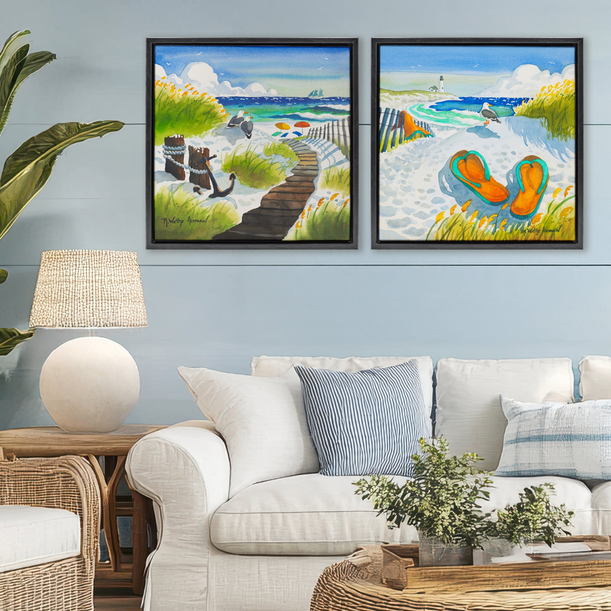 Stupell Industries Boardwalk Through Beach Scenery 2 Piece Black Framed Floater Canvas Set, design by Robin Altman