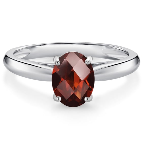 Gem Stone King 10K White Gold Red Garnet Solitaire Engagement Ring for Women (1.53 Cttw, Oval Checkerboard 8X6MM, Gemstone January Birthstone, Size 6)
