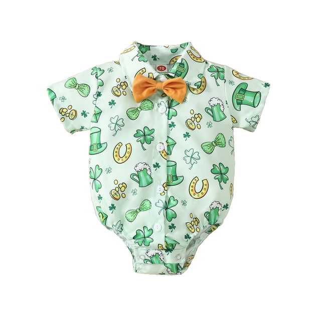 Nituyy Infant Boy Irish Festivals Jumpsuit ShamrockHat Print Turn Down Collar Short Sleeve Button Down Romper