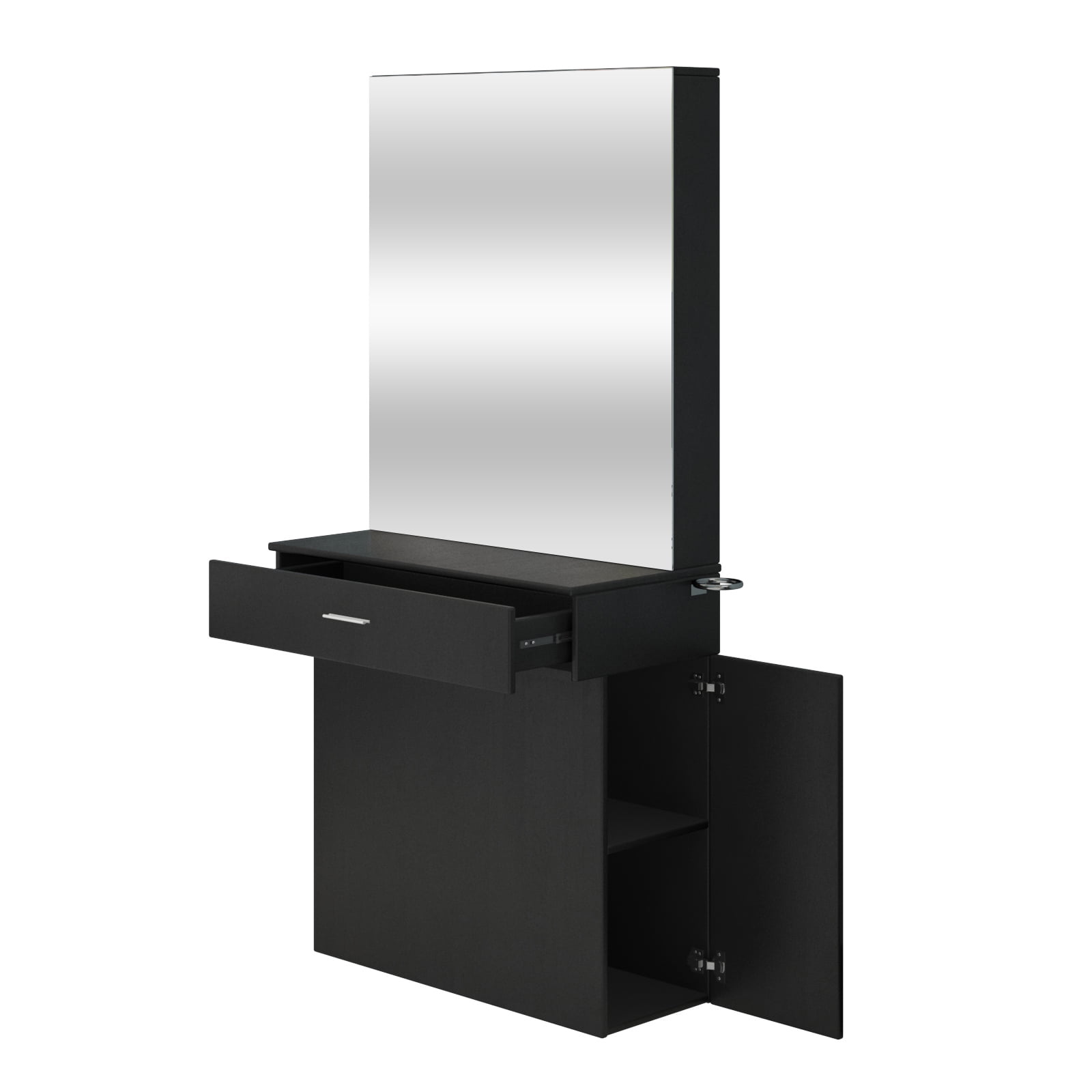 Black Barber Salon Stylist Station Wall Mount Beauty Spa Furniture with Mirror Dressing Table for Hair Styling