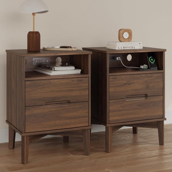 Mid Century Modern Nightstand Set of 2 with Charging Station & USB-C, 26" Tall Bedside Table with 2 Drawers, Solid Wood Legs End Table, Dark Walnut