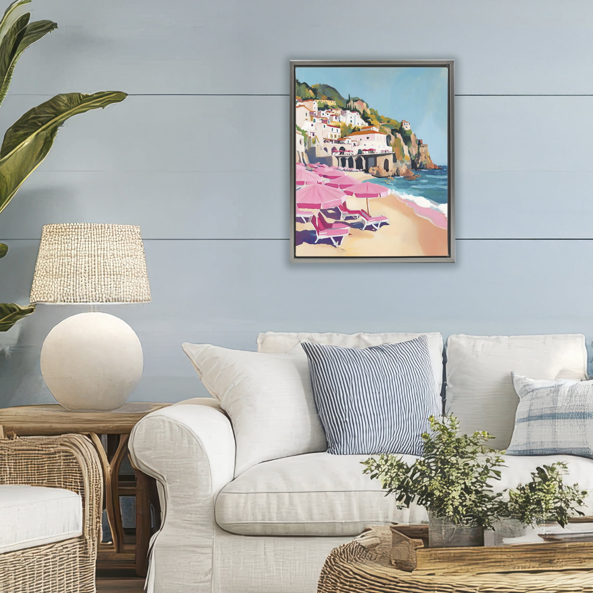 Stupell Industries Pink Beach Chairs on Shoreline Gray Framed Floater Canvas Wall Art, design by The Prints Vibe