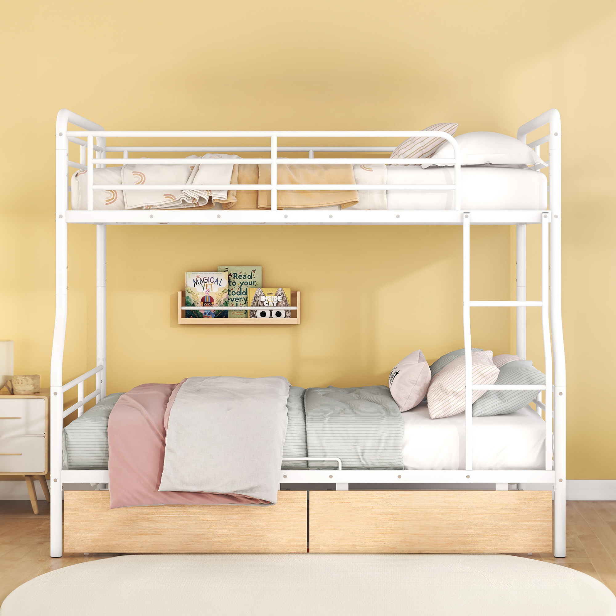 Aukfa Full XL over Queen Metal Bunk Bed with 2 Drawers for Teens, Adults, Dorm, White