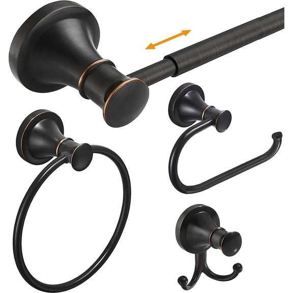 Oil Rubbed Bronze Bathroom Accessory Set, 4-Piece Wall Mount Hardware with Adjustable Towel Bar Rack, Towel Ring, Paper Towel Holder, Double Towel Hooks