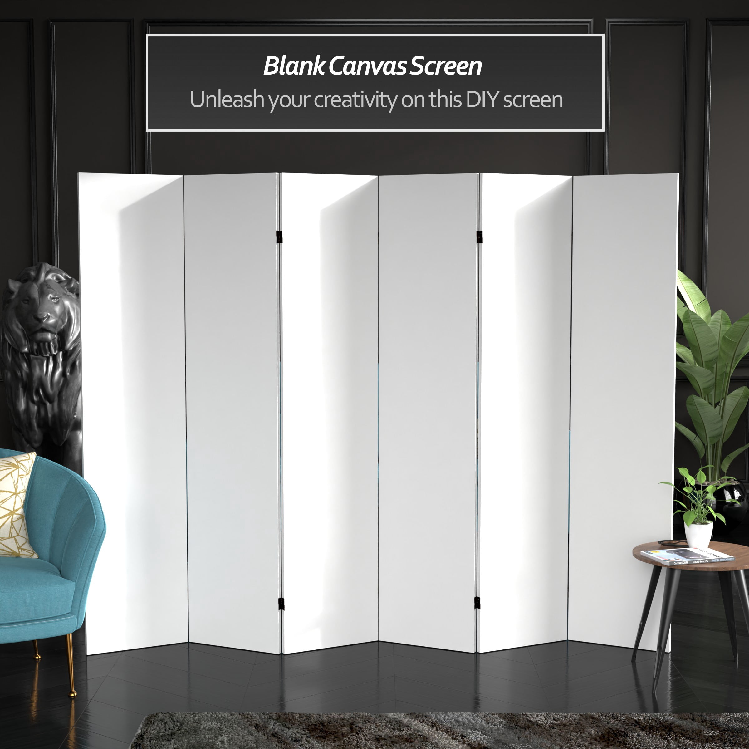 6 ft. Tall 6 Panel Freestanding White Canvas Screen Room Divider with Spruce Frame