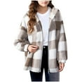 thumbnail image 2 of Girls Fuzzy Plaid Jacket Zip up Fleece Plaid Flannel Hoodies Casual Long Sleeve Coats Loungewear Warm Winter Outwear Khaki 140, 2 of 5