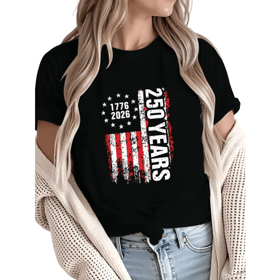 Giffimy Women 250 Years 1776-2026 Distressed Patriotic American Flag Graphic Short Sleeve T-Shirt Casual Cotton Crewneck Top Black S-5XL