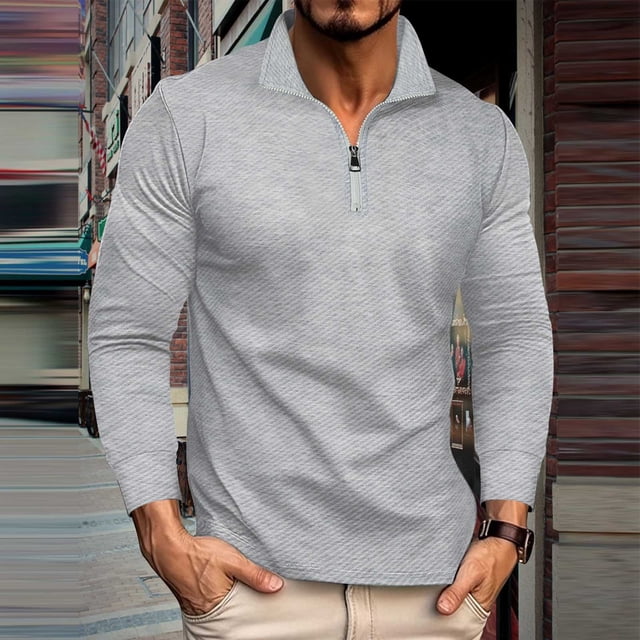 Blusa y camisa de manga larga con cuello alto para hombre, informal, de color liso, con cremallera, de manga larga, con cuello alto, de poliéster.