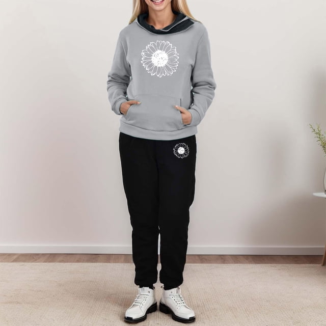 jovatis Ensembles de Détente pour Femmes Manches Longues Col Rond à Capuche Pull Imprimé et Pantalon Ensemble Deux Pièces