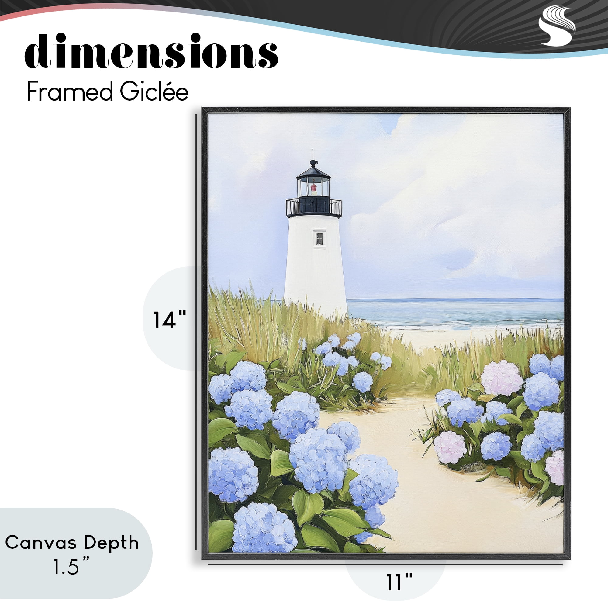 Stupell Industries Hydrangea Path Leading to Lighthouse Black Framed Giclee Art, design by Sisi and Seb