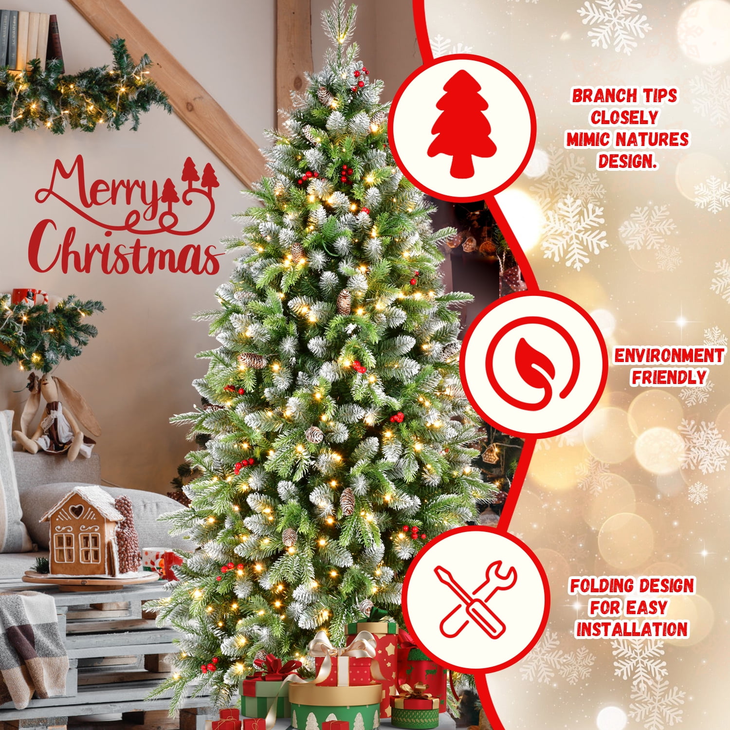 6 Ft Pre-Lit Artificial Christmas Tree with 380 Warm White LED Lights, 1264 Tips, Frosted Greenery with Red Berries & Natural Pinecones, Full Holiday Tree with Sturdy Metal Stand