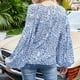 thumbnail image 4 of Camiseta de manga larga para mujer, jersey con cuello en V, manga acampanada, Top estampado para mujer, Tops sueltos informales con estampado azul S, 4 of 6
