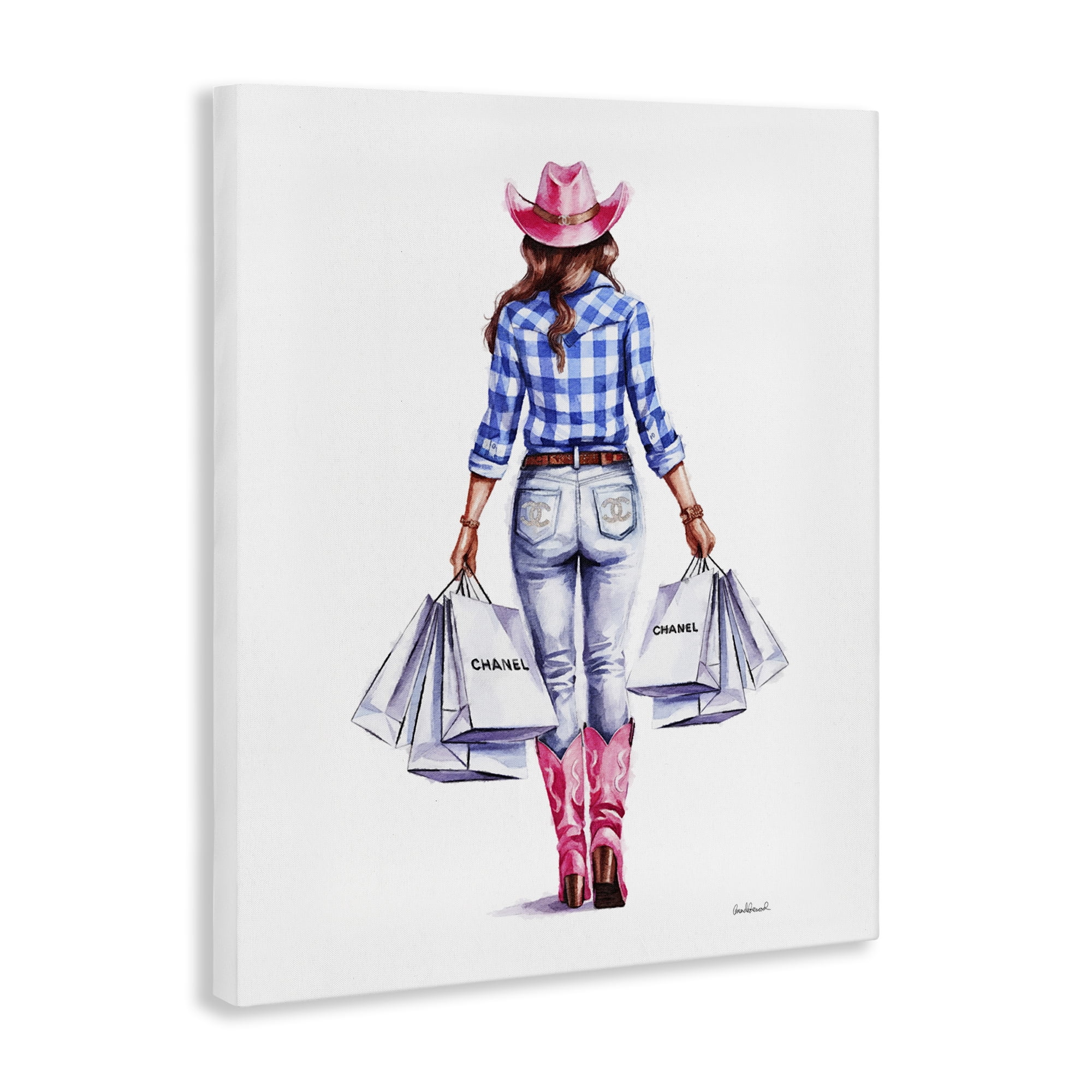Stupell Industries Cowgirl & Shopping Bags People Painting Wrapped Canvas Art Print Wall Art, 36 x 48