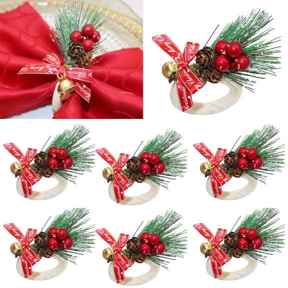 Dalrosia 6PCS Christmas Napkin Rings, Christmas Pines Red Berries, Holly Bells Napkin Ring Holder Decor for Dinner Christmas Party Supplies Xmas Napkin Holder Holiday Table Decor