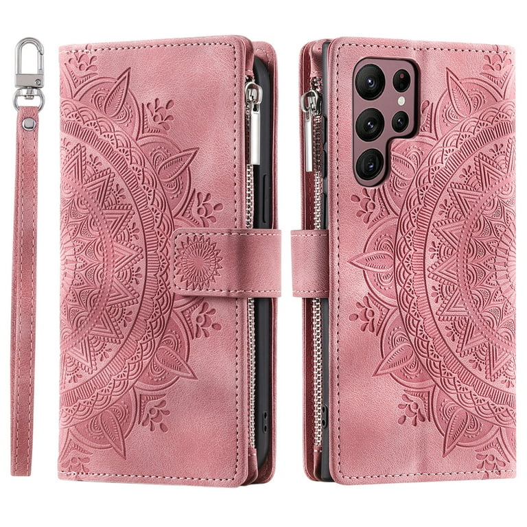 Compatible with Samsung Galaxy S23 Ultra Wallet Case, 2 in 1 Magnetic  Wallet Case with Card Holder, Zipper, PU Leather Flip Cover Case with  Detachable Long Shoulder Strap,Card Slots,Pink 