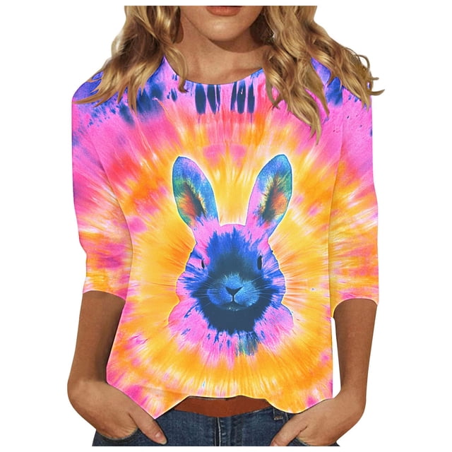 ZVAVZ Christian Easter Shirts for Women,Womens Fashion Easter Day Flower Print Crew Neck Shirts 3/4 Sleeve Pullover Dressy Casual Summer Tees Limited Time Deals Multicolor 3XL