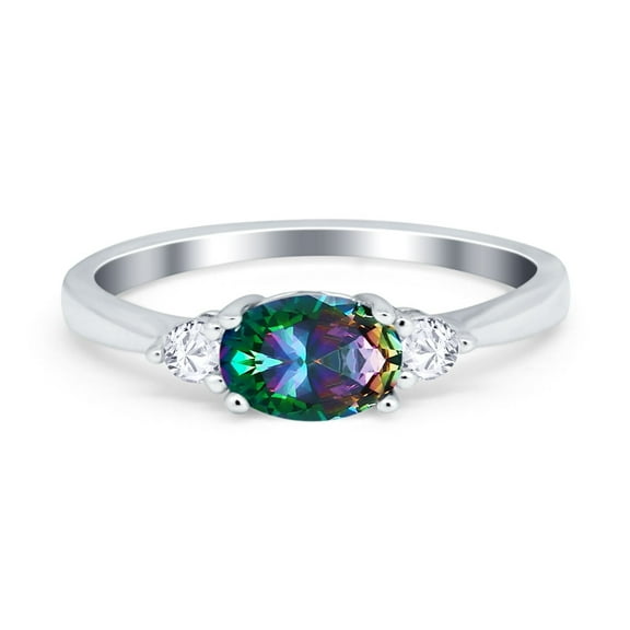 Three Stone Oval Engagement Ring Simulated Rainbow CZ 925 Sterling Silver Size 8