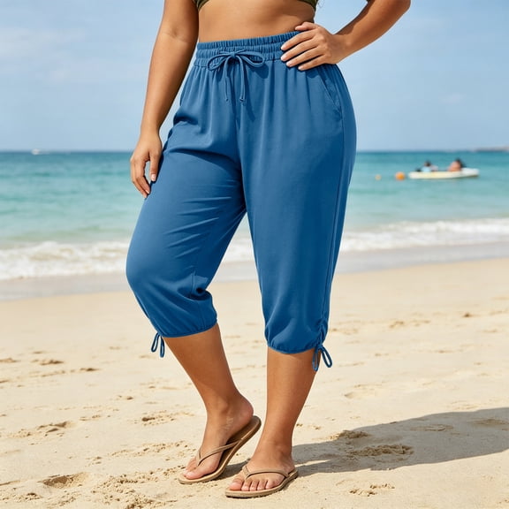 Costeam Womens Plus Size Drawstring Ankle Tie Capri Pants Dual Side Hand Pockets Elastic High Waist Soft Stretch Knit Loose Fit Casual Loungewear Cropped Trousers