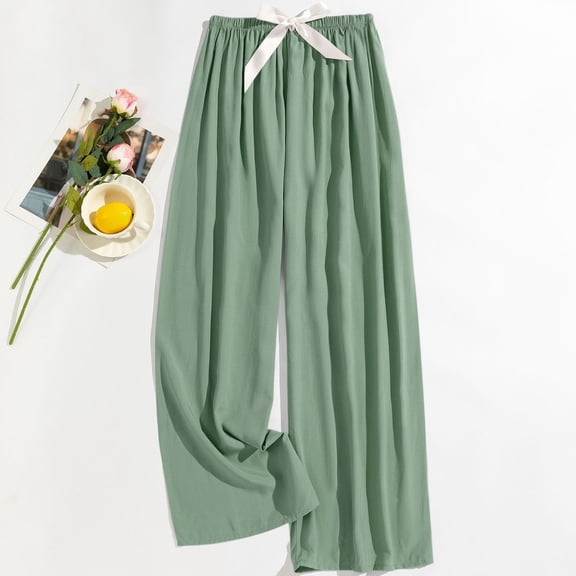 Puyaiuu Women Soft Rayon Solid Color Self Tie Elastic Waist Flowy Wide Leg Loose Casual Lounge Trousers For Daily Wear Gift