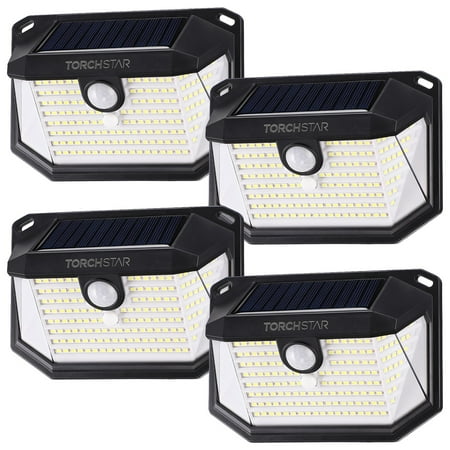 TorchStar 178 Leds Solar Motion Sensor Lights, Wireless Outdoor Wall Lights, Outdoor Security Wall Mount Light, Black, Pack of 4