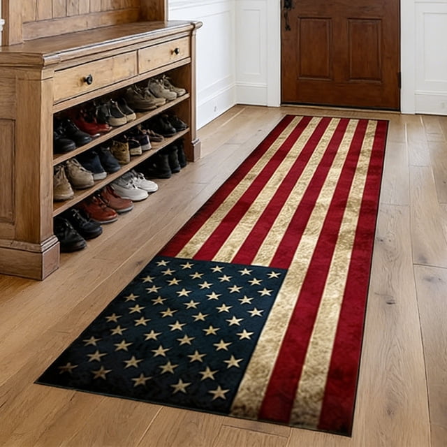 HCBY Runner Rug, Vintage Patriotic Flag Floor Runner, Non-Slip Rubber Backed Independence Day Mat, Low Profile Hallway Rug for Indoor and Outdoor Use