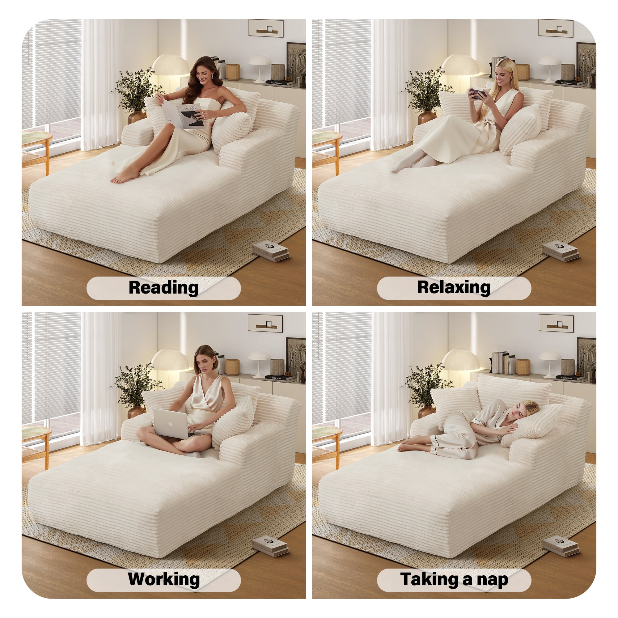 Aukfa 78.7" Extra Long Chaise Lounge Sofa, Oversized Upholstered Couch with 3 Pillows for Indoor Living Room/Bedroom,Beige