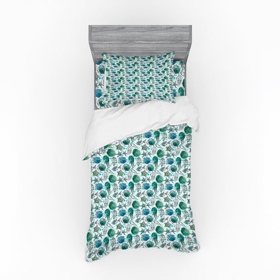 Ambesonne Watercolor Bedding Set 3 Pcs, Seaweed Underwater Fauna, Twin, Seafoam Deep Sky Blue