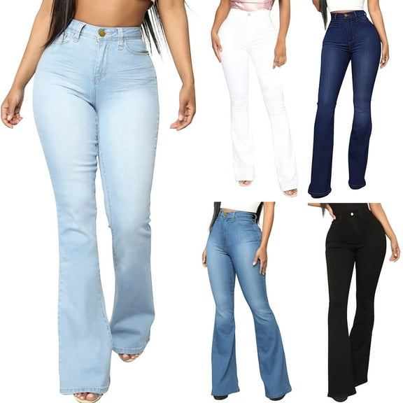 Olyvenn Sales Women's Plus Size Casual Denim Pants Stretchy Bell Bottoms Jeans Solid Color Lightweight High Waist Gifts for Trendy Girls Love Black 4