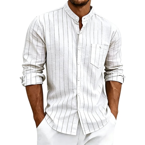 StSilkitty Button down Shirts for Men Striped Long Sleeve Stand Collar Dress T-Shirt Linen Business Casual Tops with Pocket