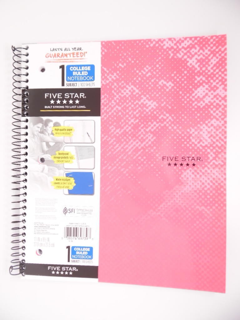 Mead Five Star 1 Subject College Ruled Spiral Notebook 100 Sheets Pink