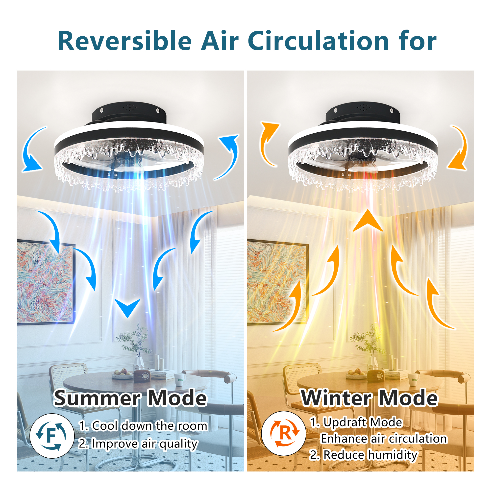 Leumius Modern LED Ceiling Fan with Light, 16In Dimmable Ceiling Light with Invisible Blades and Crystal Design, Remote Control & Adjustable Color Temperature for Bedroom, Living Room,Black