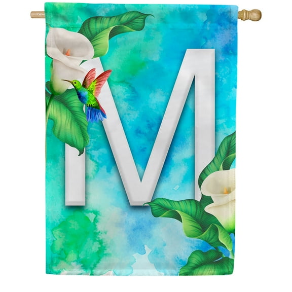 America Forever Summer Flowers Birds Monogram House Flag Letter M 28 x 40 inches Hummingbird Calla Lily Spring Floral Double Sided Vertical Outdoor Yard Lawn Decorative White Floral House Flag